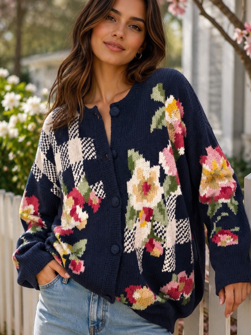 Vintage Susan Bristol 90s Blue Hand Knit Cottage Floral Cardigan Sweater Sz 1X